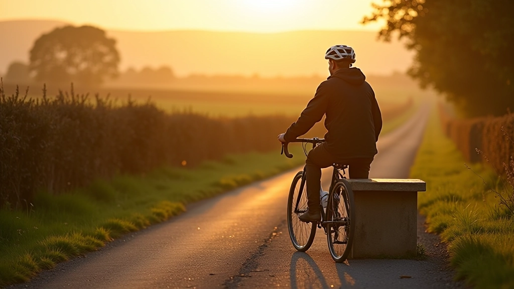 Cyclist sitting on roadside bench overlooking scenic mountain landscape and valley views