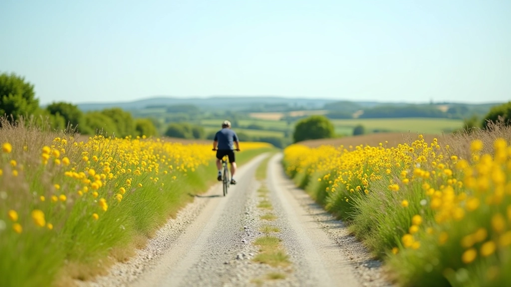Peaceful gravel cycling path through green fields with gentle rolling hills in background